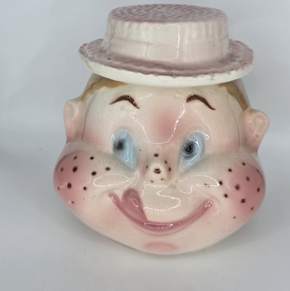 1950's FRECKLE FACE JAM Condiment Anthropomorphic Ceramic Jar w/Straw Hat